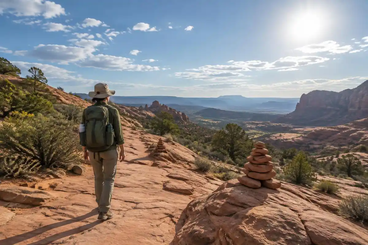 Hiker on a red desert trail carrying multiple bottles