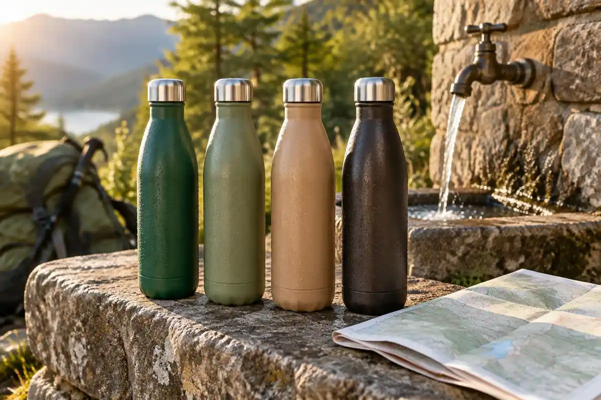 Filled bottles lined up beside a tap and a map