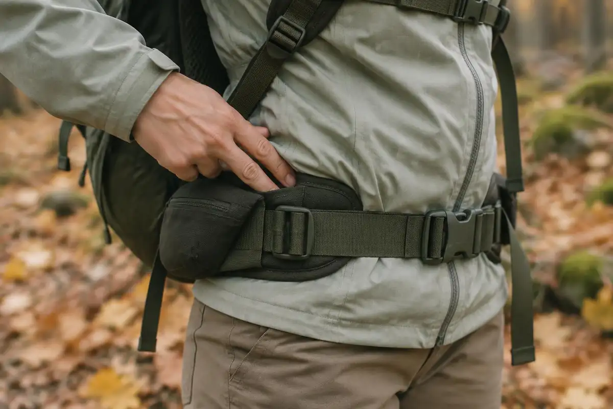 Two fingers slid between a hip belt and a hiker's jacket