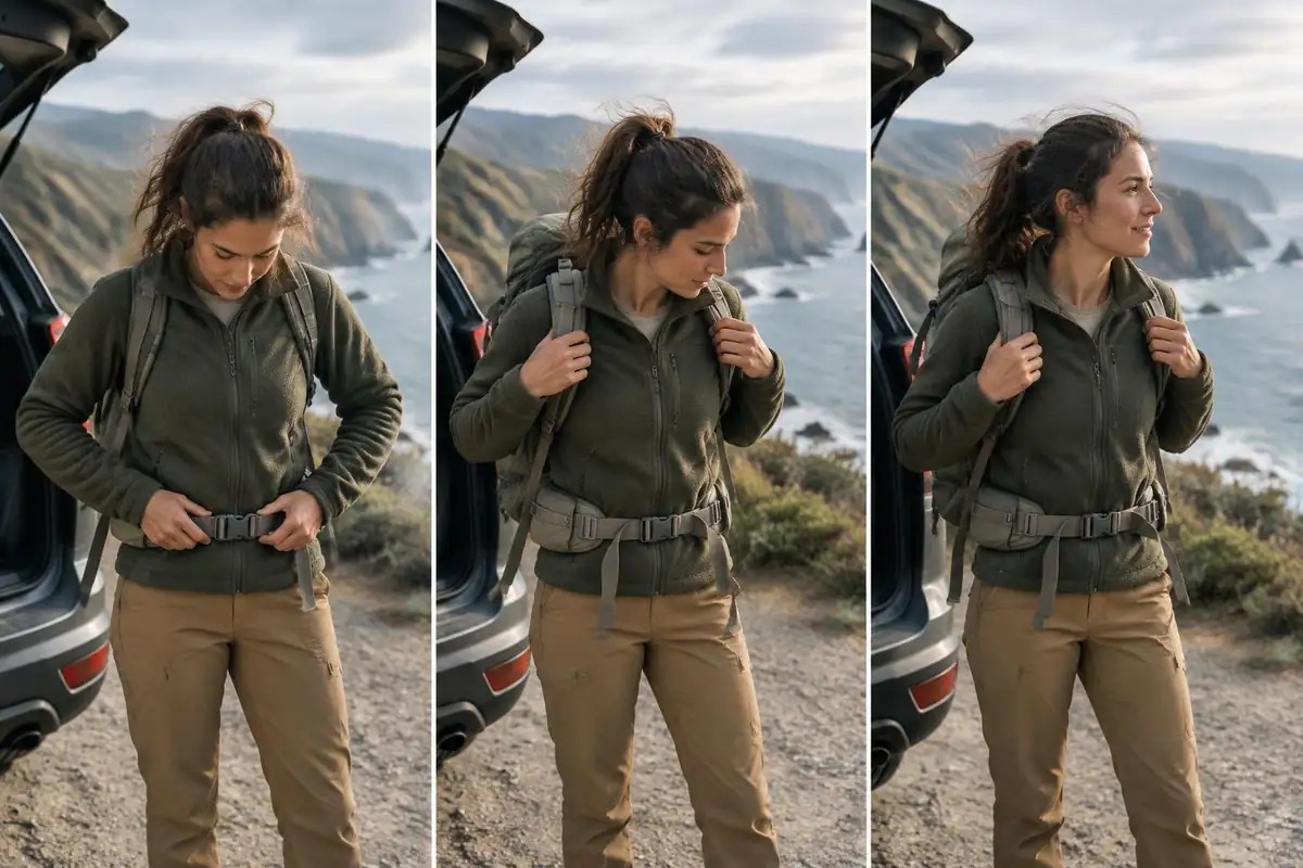 Hiker adjusting belt first then shoulder straps at a scenic pullout