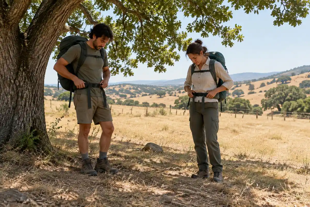 Hikers stopping mid-day to loosen belts under a shade tree