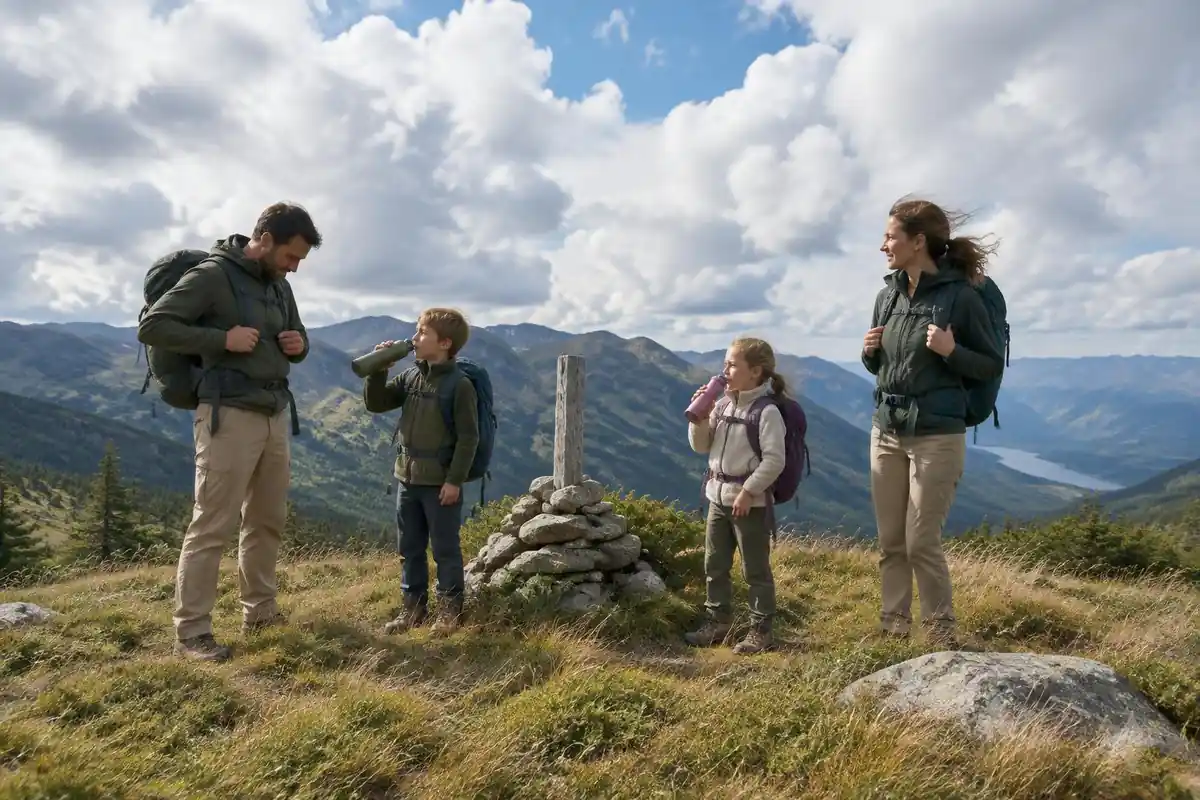 Hiker family halted at a grassy pass while dad adjusts his pack