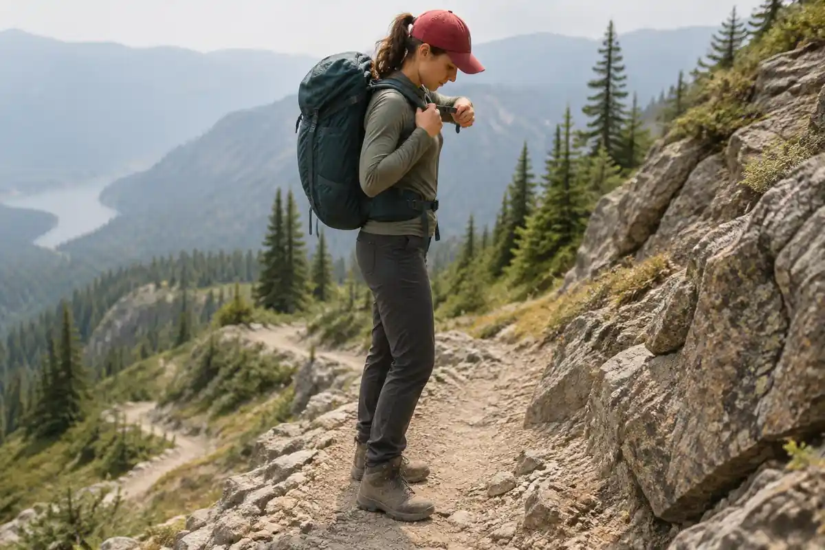 Woman pulling the small strap above her shoulder after a steep climb