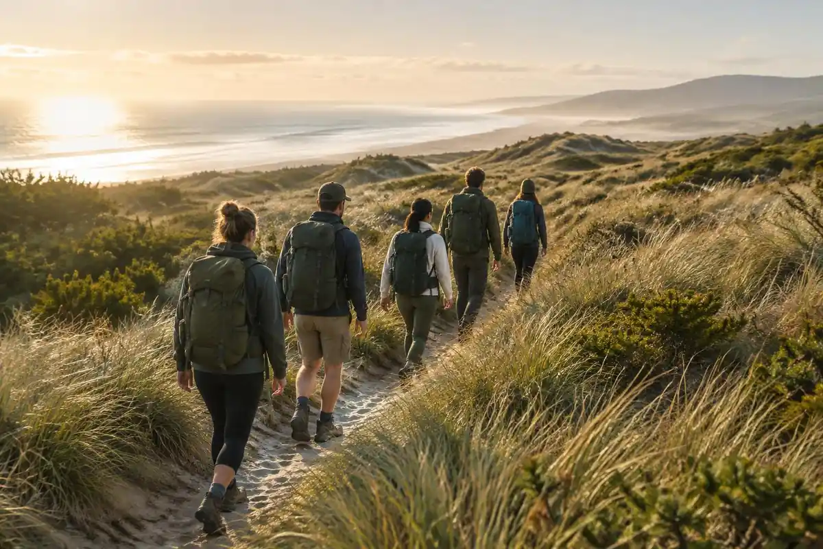Line of hikers on a narrow track through tall dune grass