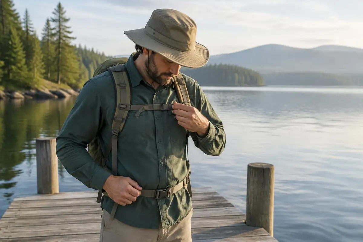 Man looking down at his chest as he slides a small buckle strap