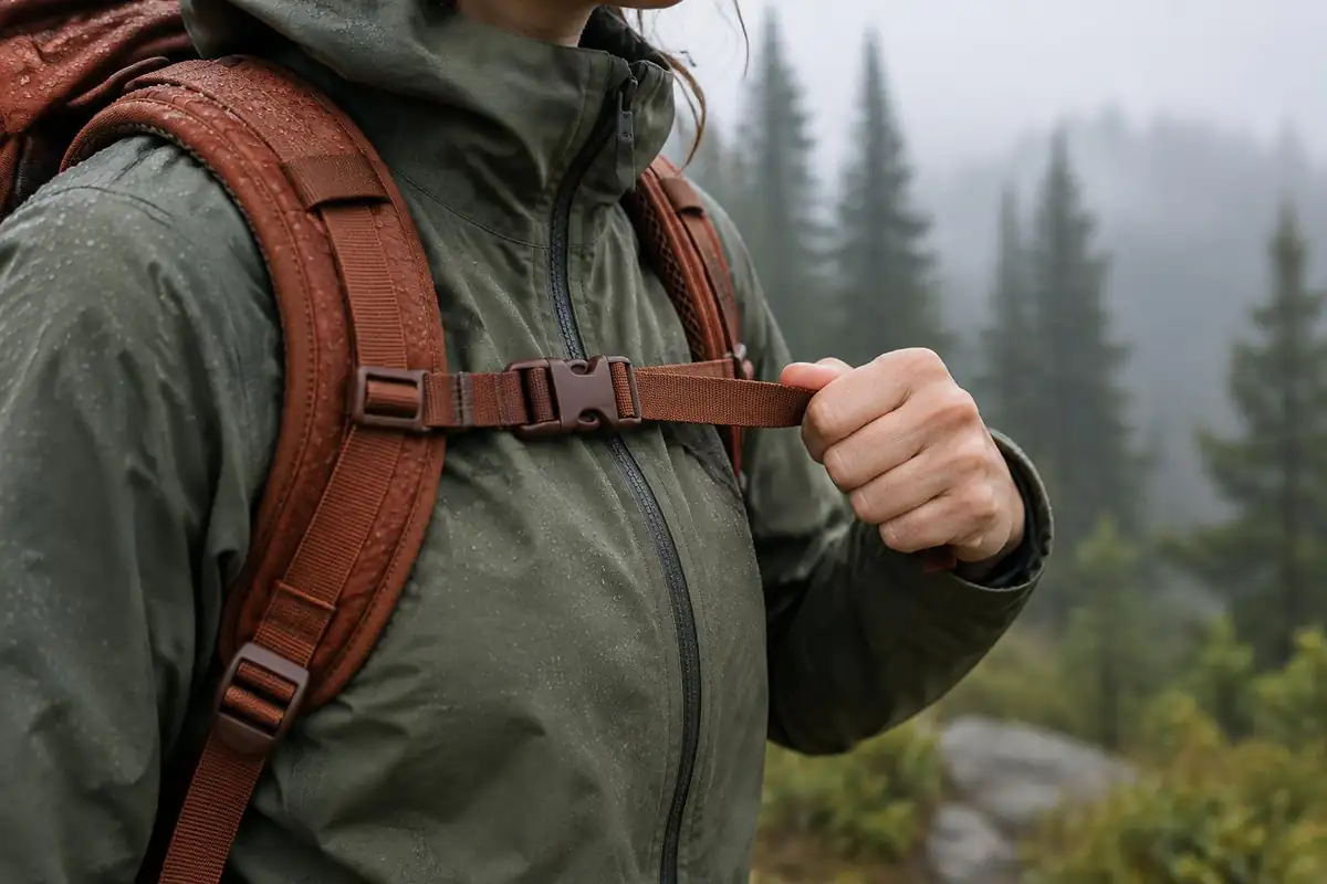 Hand pulling the tail of a chest strap snug