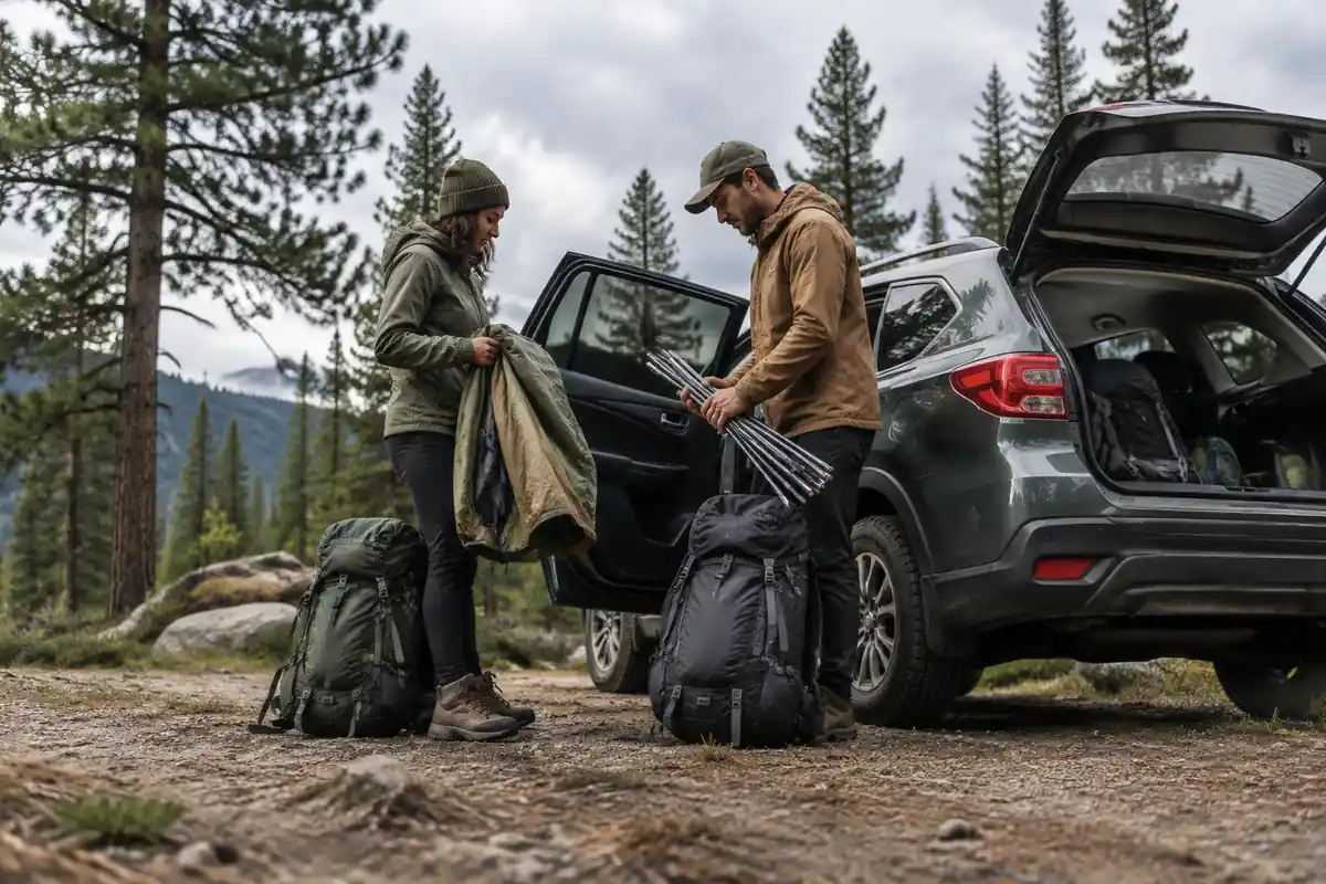 Two friends dividing tent parts at a car park before hiking