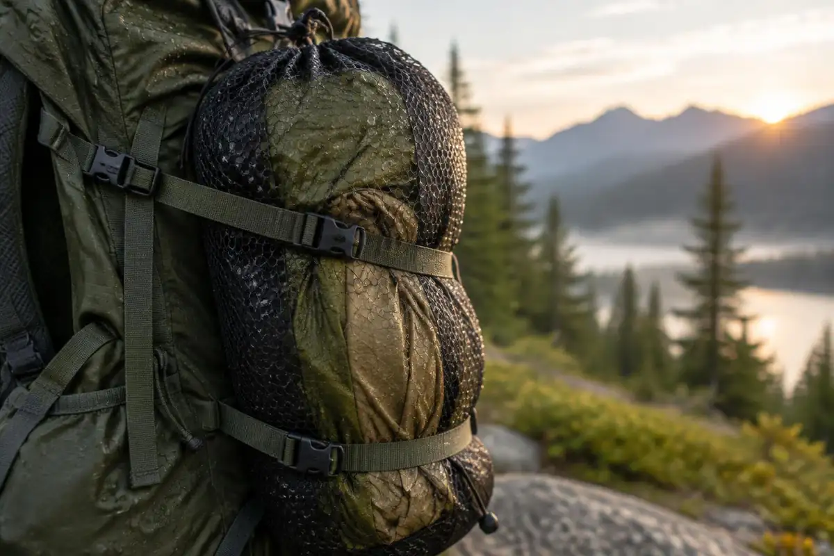 Damp tent in a mesh sack hanging on the outer pack