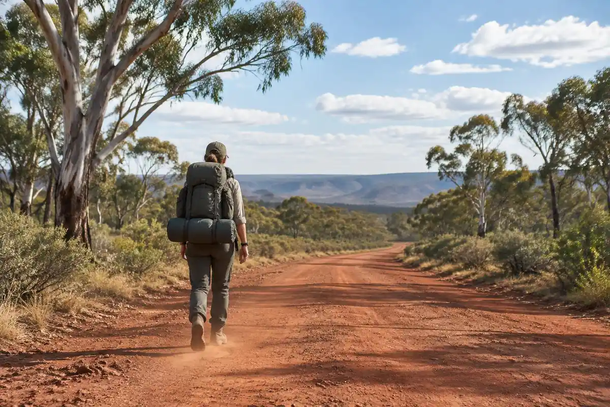 Hiker on a dirt road with a bundled bag lashed under the pack