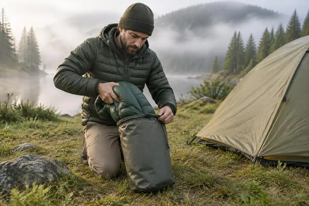 Man stuffing a sleeping bag into a dry bag beside a tent door