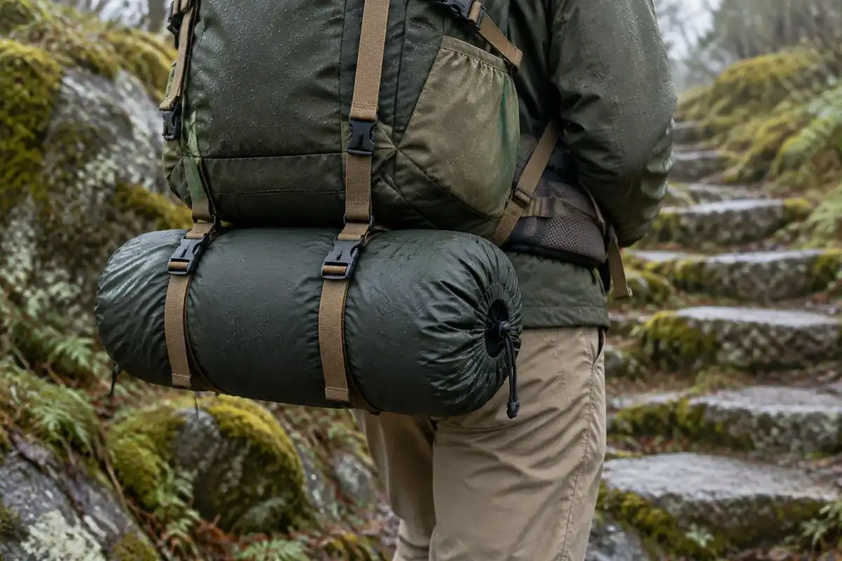 Compression straps holding a rolled bag under the bottom of a pack