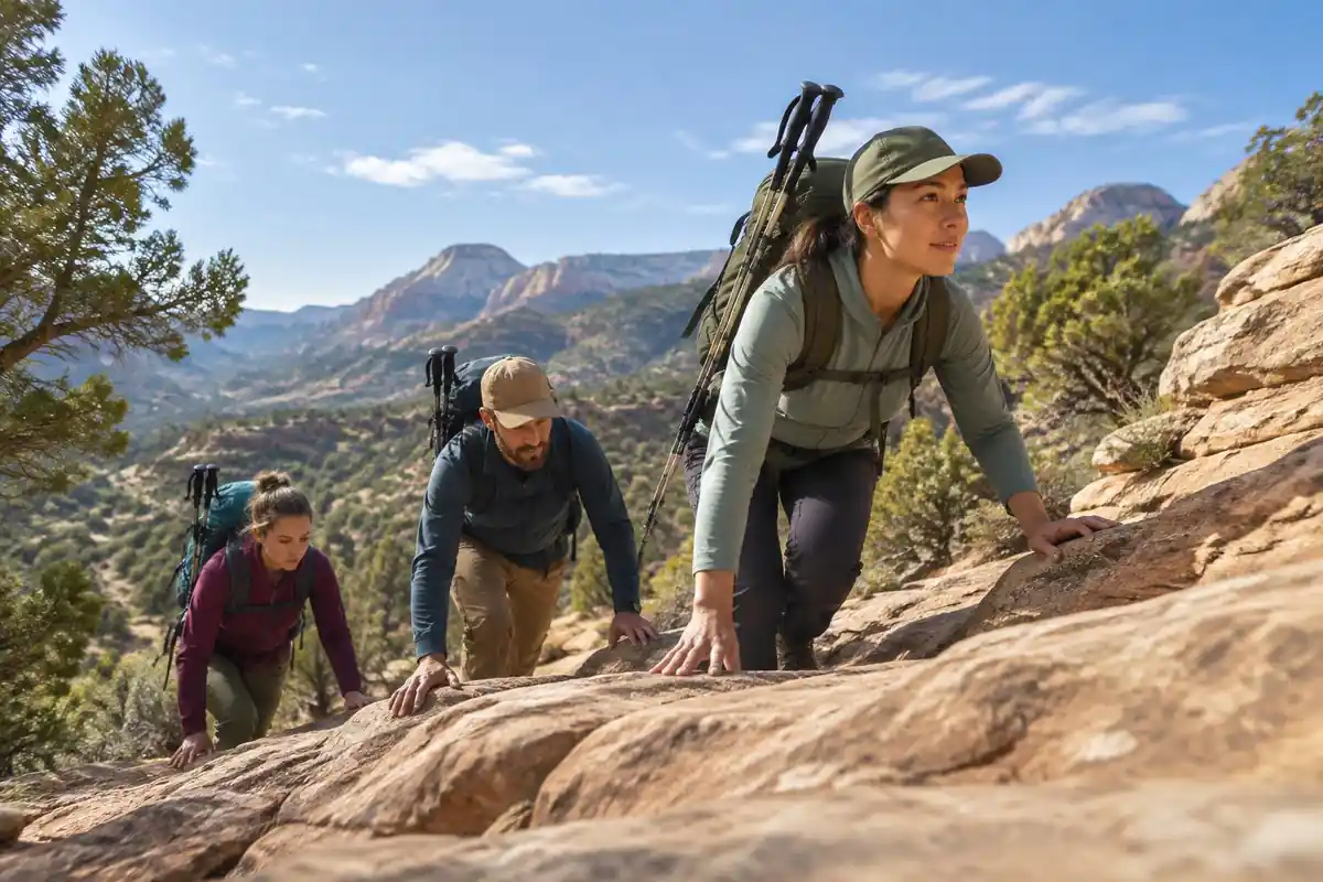 Group scrambling a rock step with poles stowed on packs