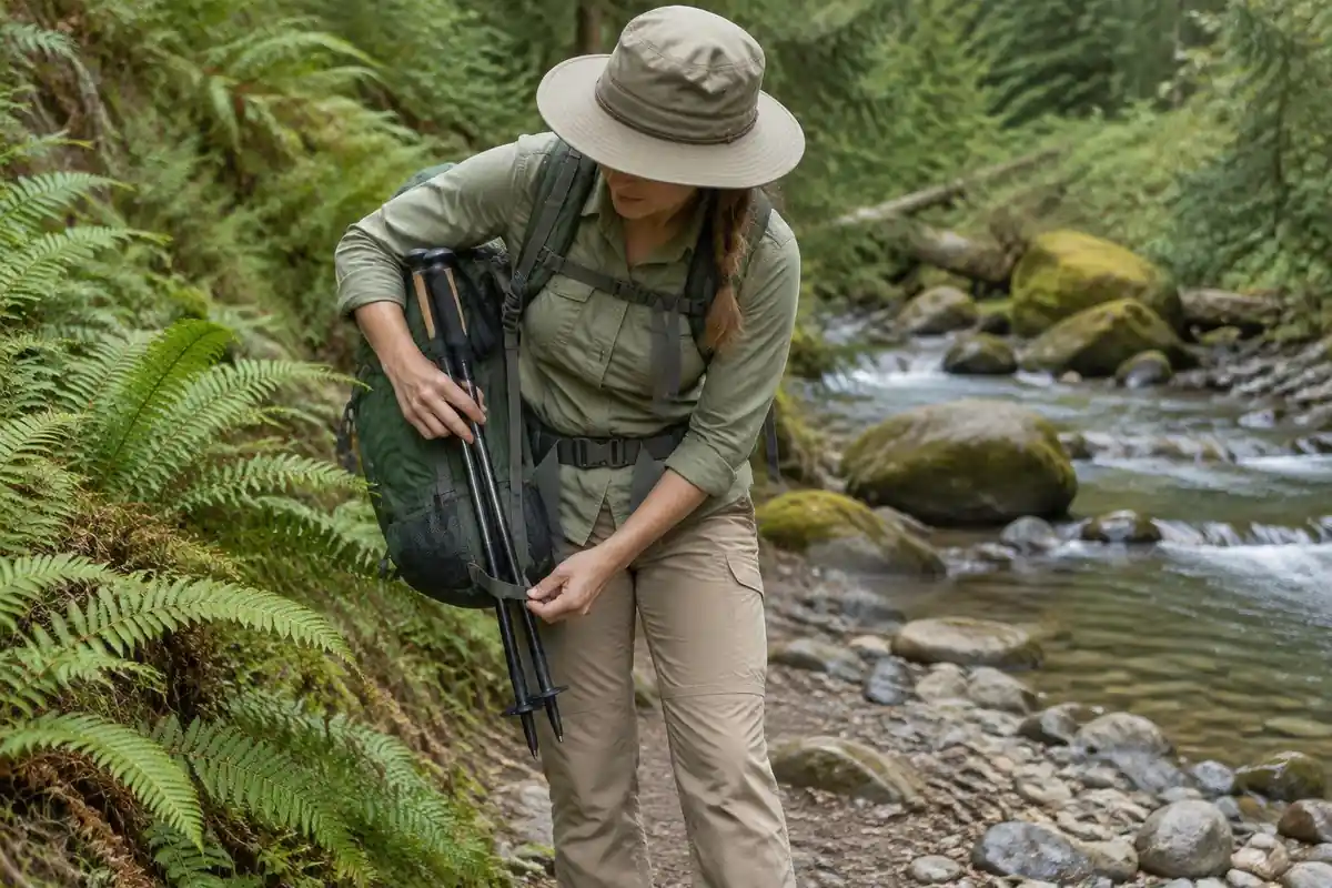 Woman folding poles up and sliding tips into a loop