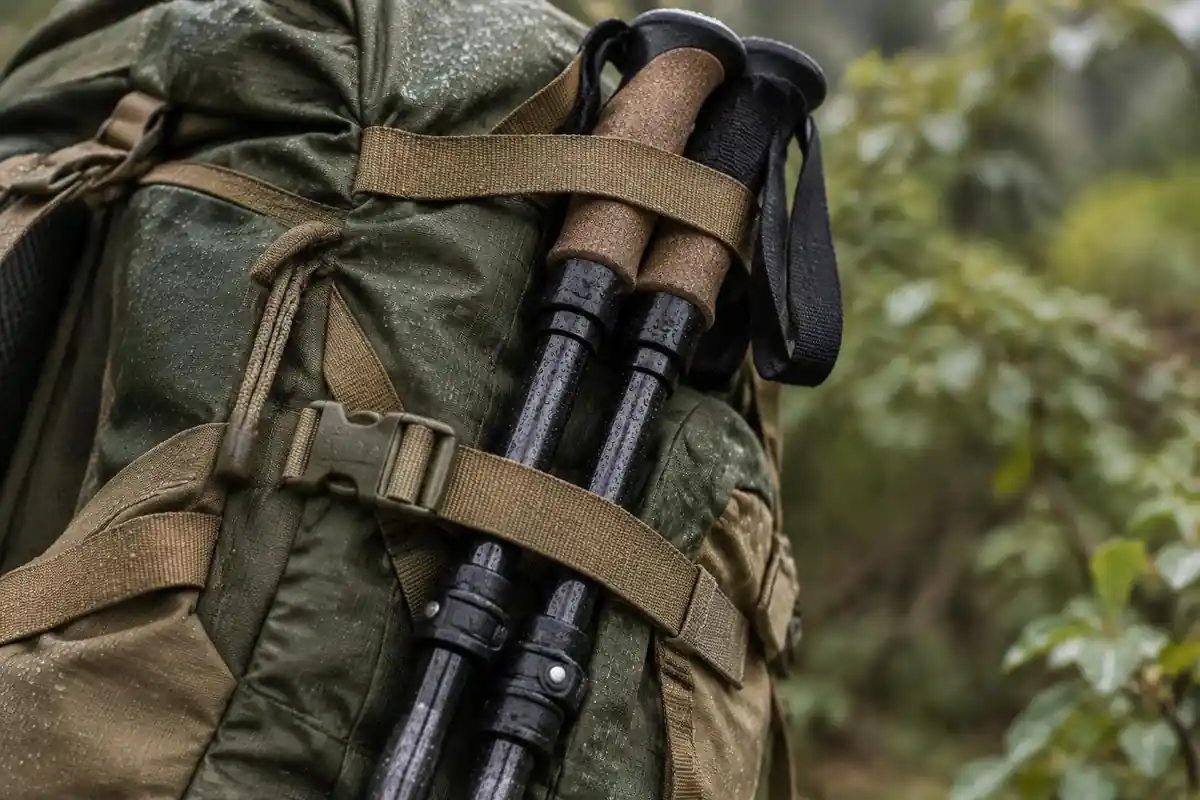 Poles threaded under two side straps on a pack