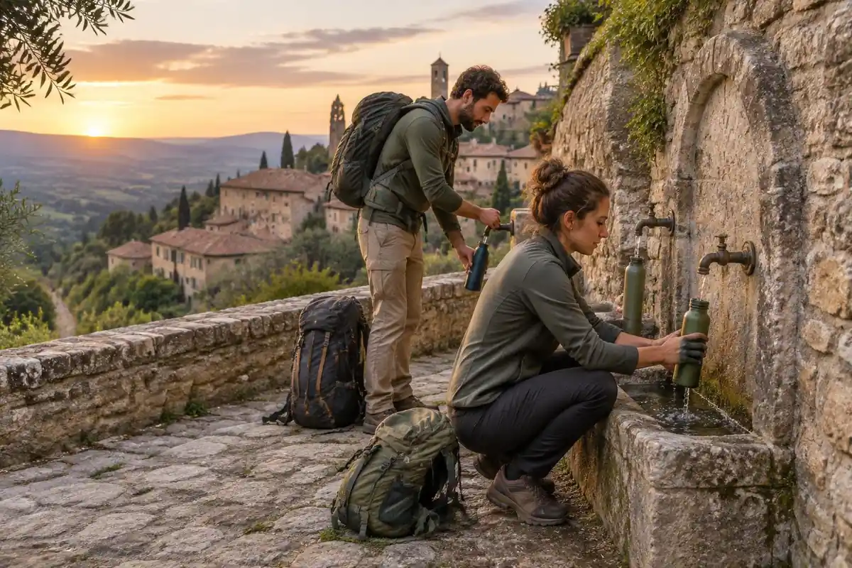 Hikers filling bottles at a village tap on a stone path