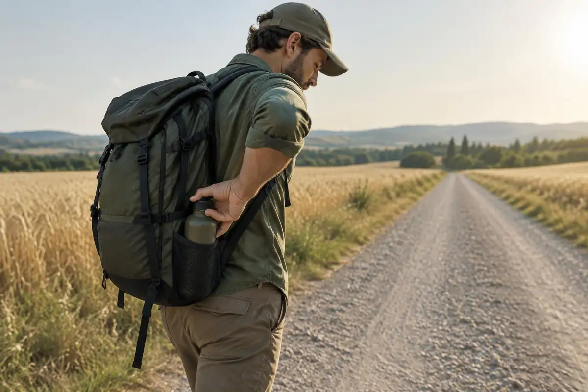 Man reaching back to pull a bottle from a side pocket while walking