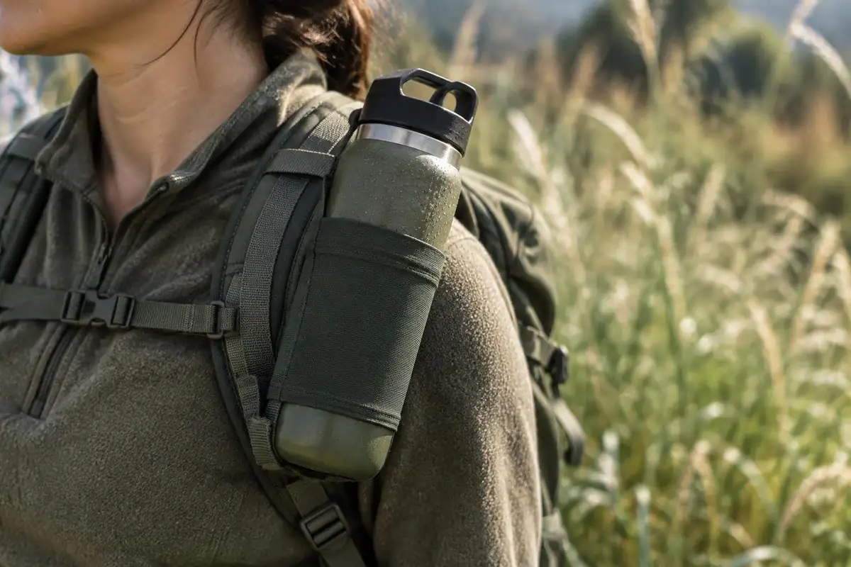 Bottle held on a shoulder strap by an elastic holder