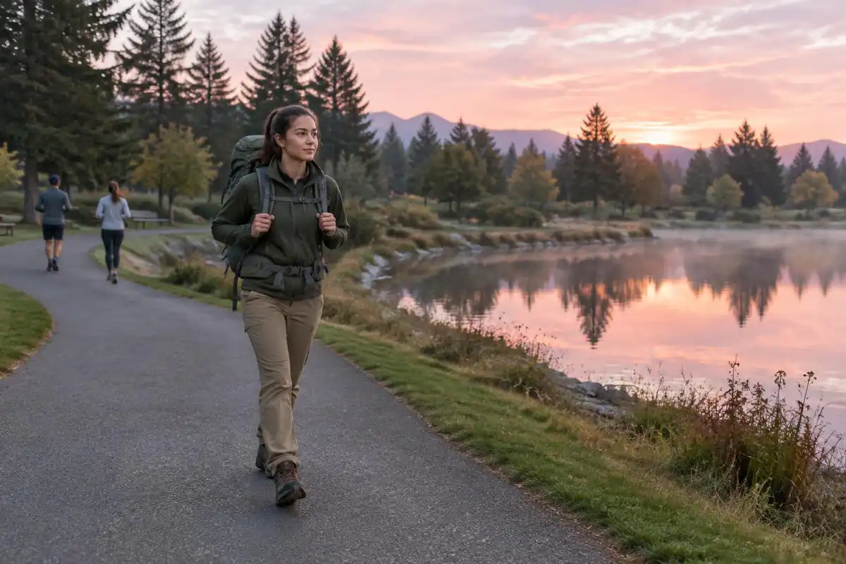Woman walking a city park path with a loaded pack at dawn