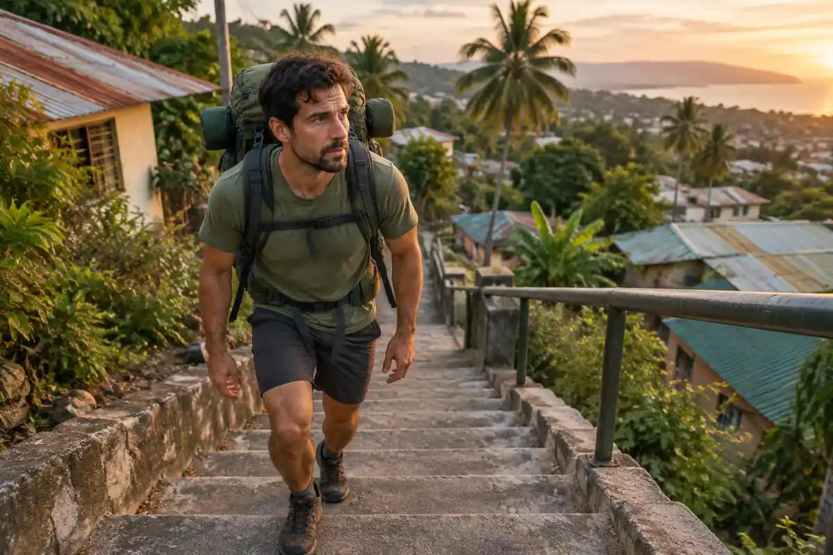 Man climbing neighbourhood stairs with a pack of water jugs