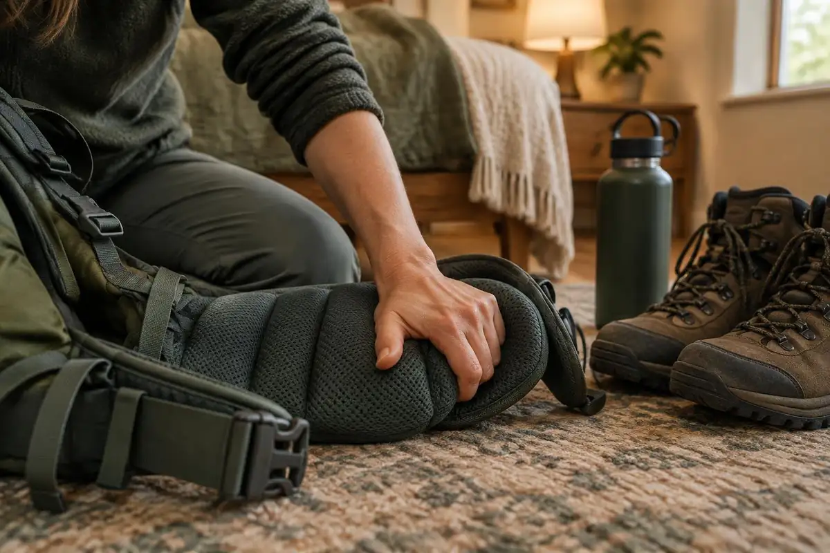 Hand pressing a padded hip belt to soften it