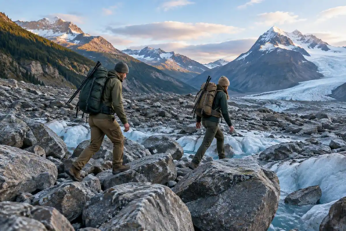 Hikers on a boulder hopping section with poles stowed