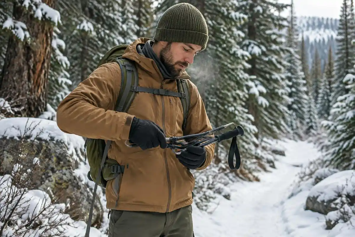 Man on a trail stowing poles collapsed onto the side of his pack