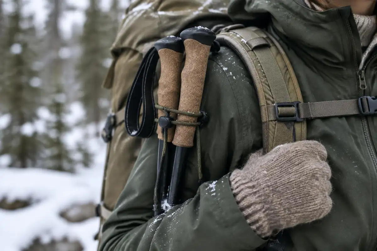 Bungee cord holding pole handles on a shoulder strap