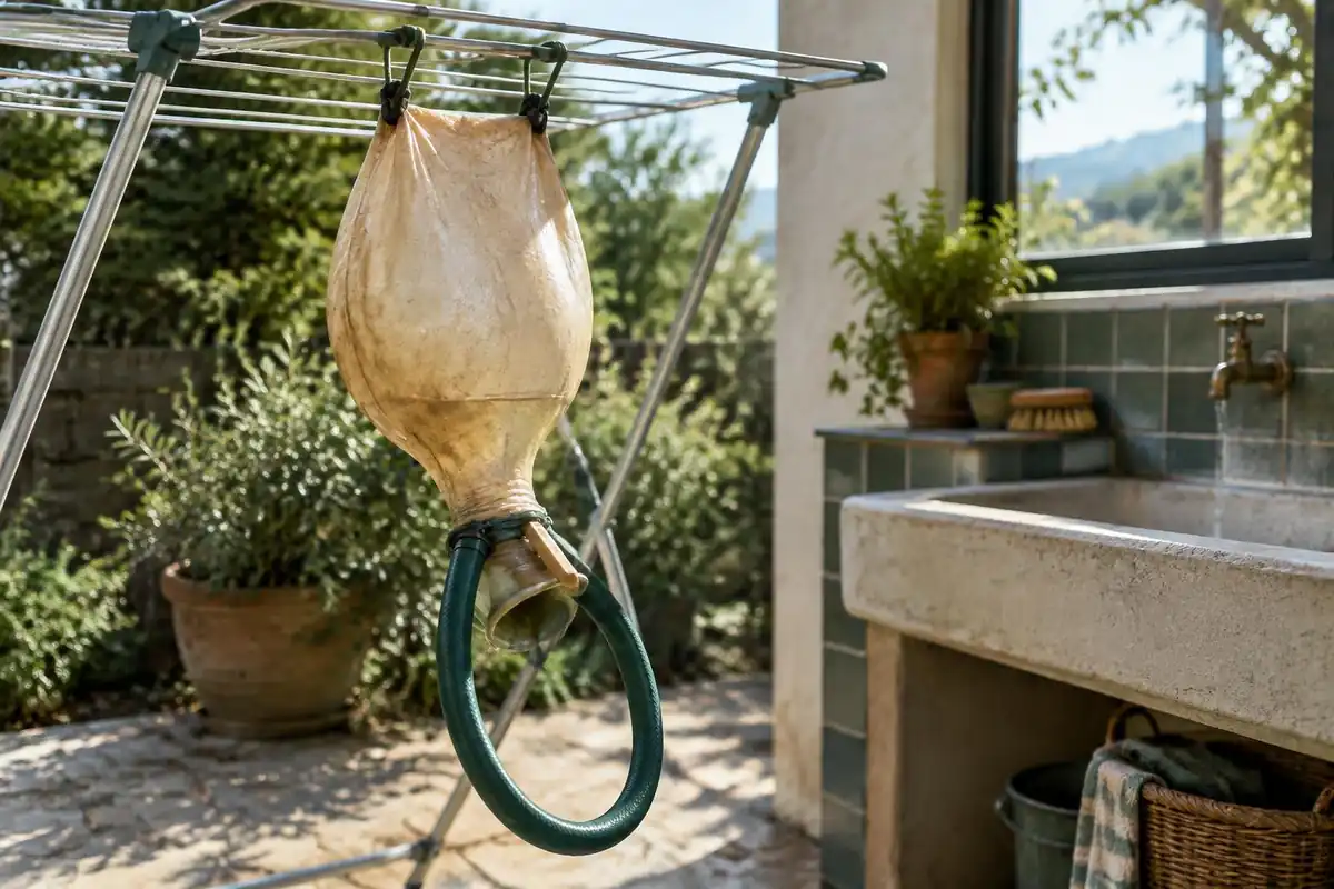 Bladder and hose hung to dry from a clothes airer in a laundry
