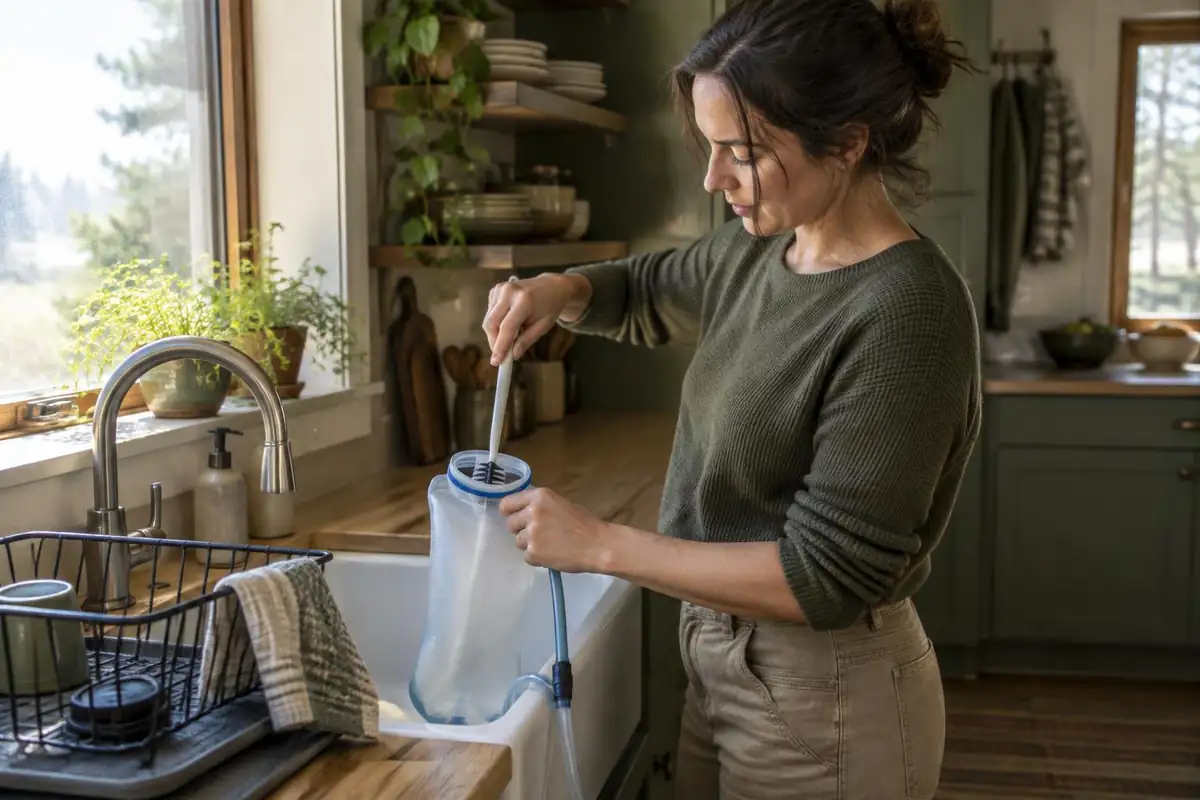 Woman scrubbing inside a bladder with a long brush