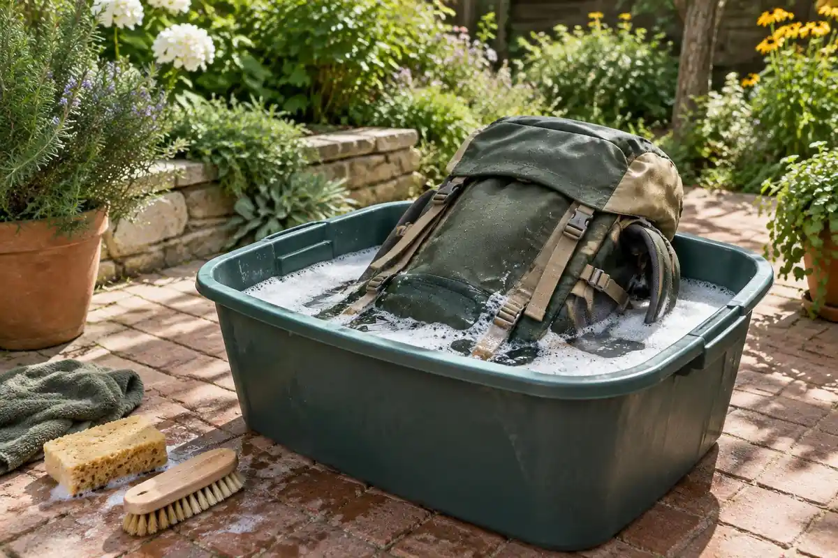 Pack soaking in a large tub outdoors on a sunny patio