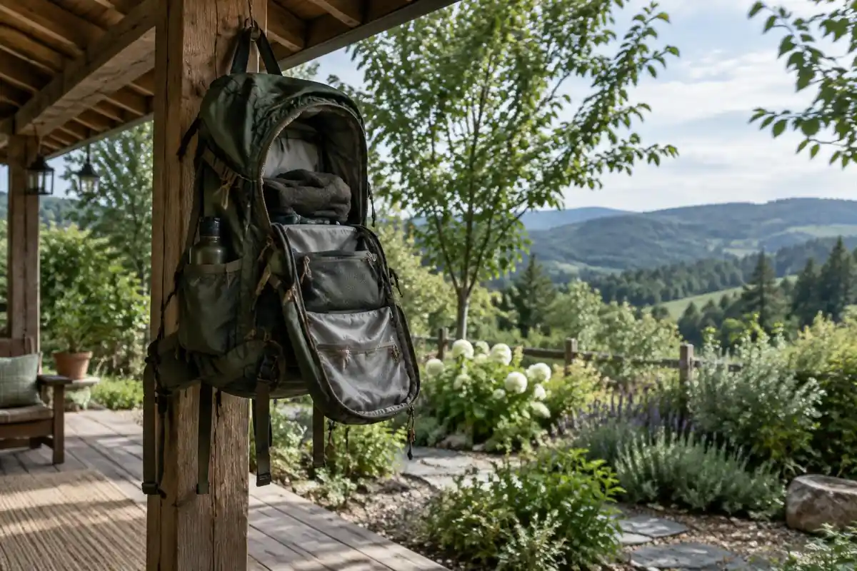 Pack hung upside down from a porch rafter to dry
