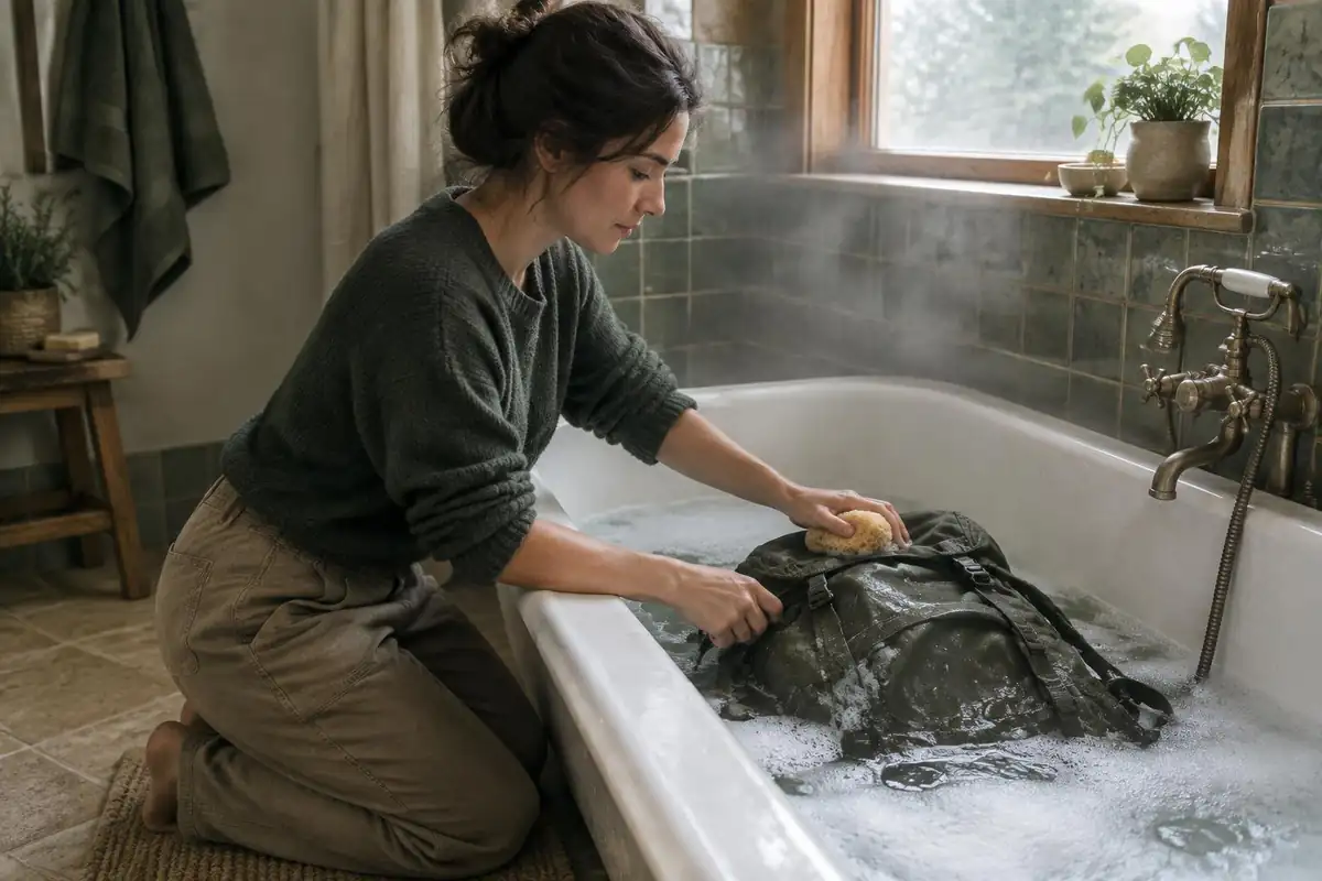 Woman scrubbing a pack in a bathtub with a sponge