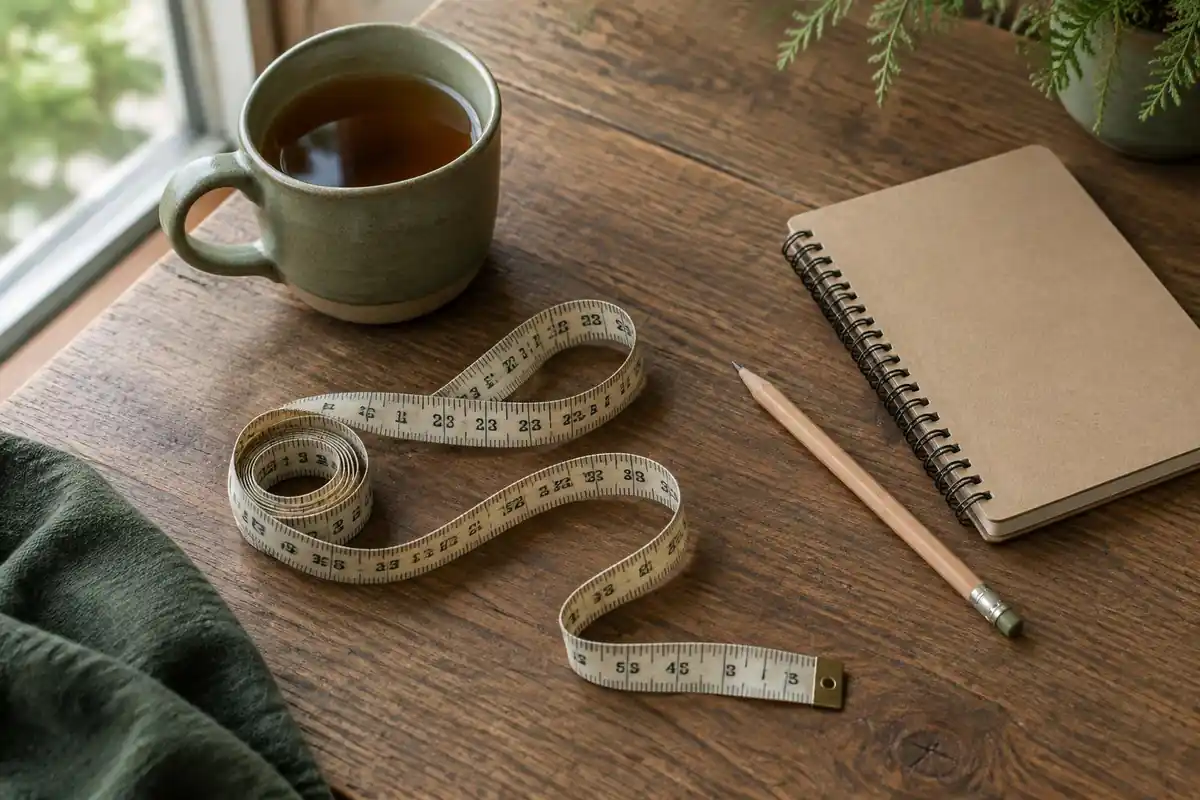 Soft tape measure lying on a wooden table beside a small notebook and pencil
