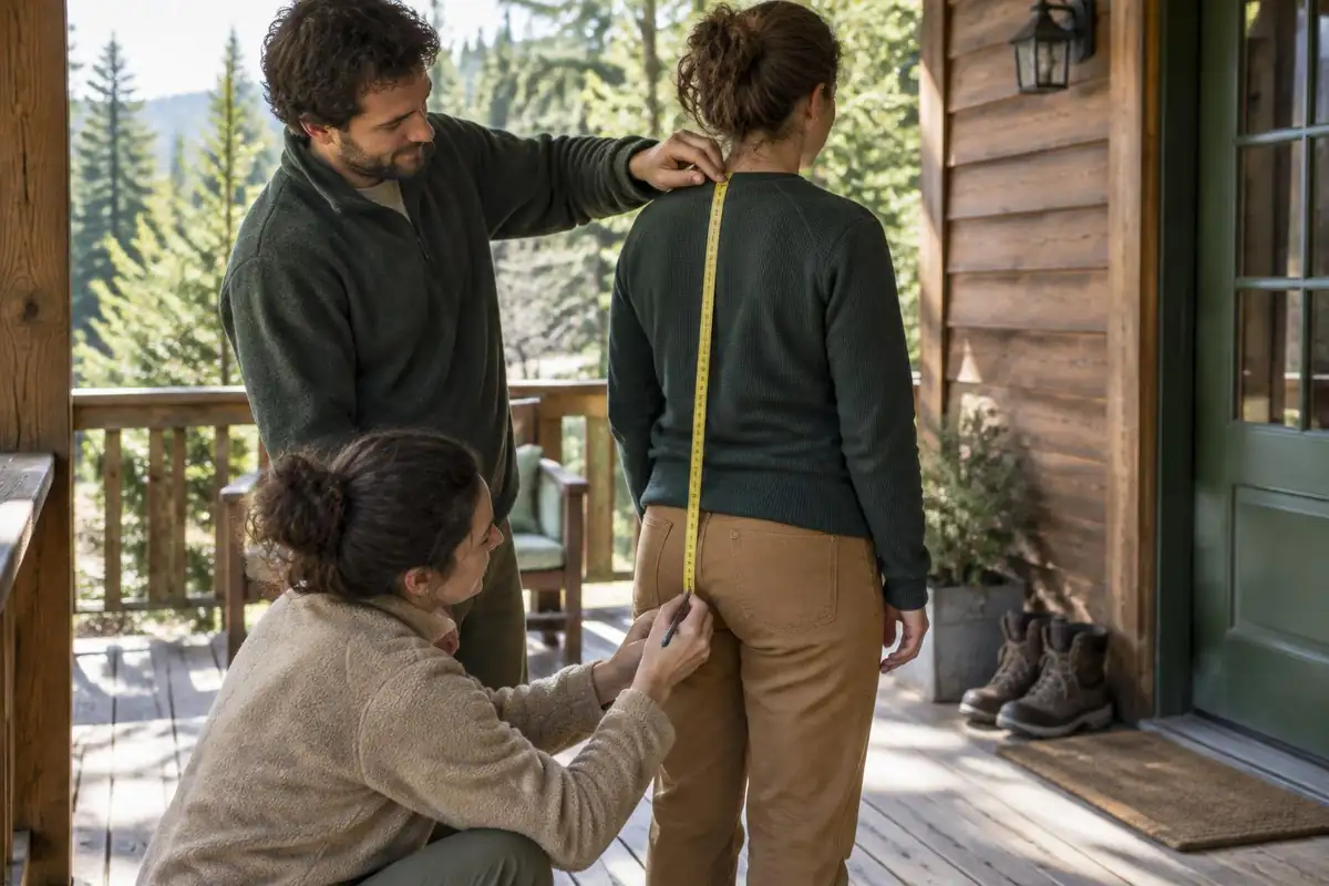 Man measuring his friend's torso length with a tape on a sunny porch
