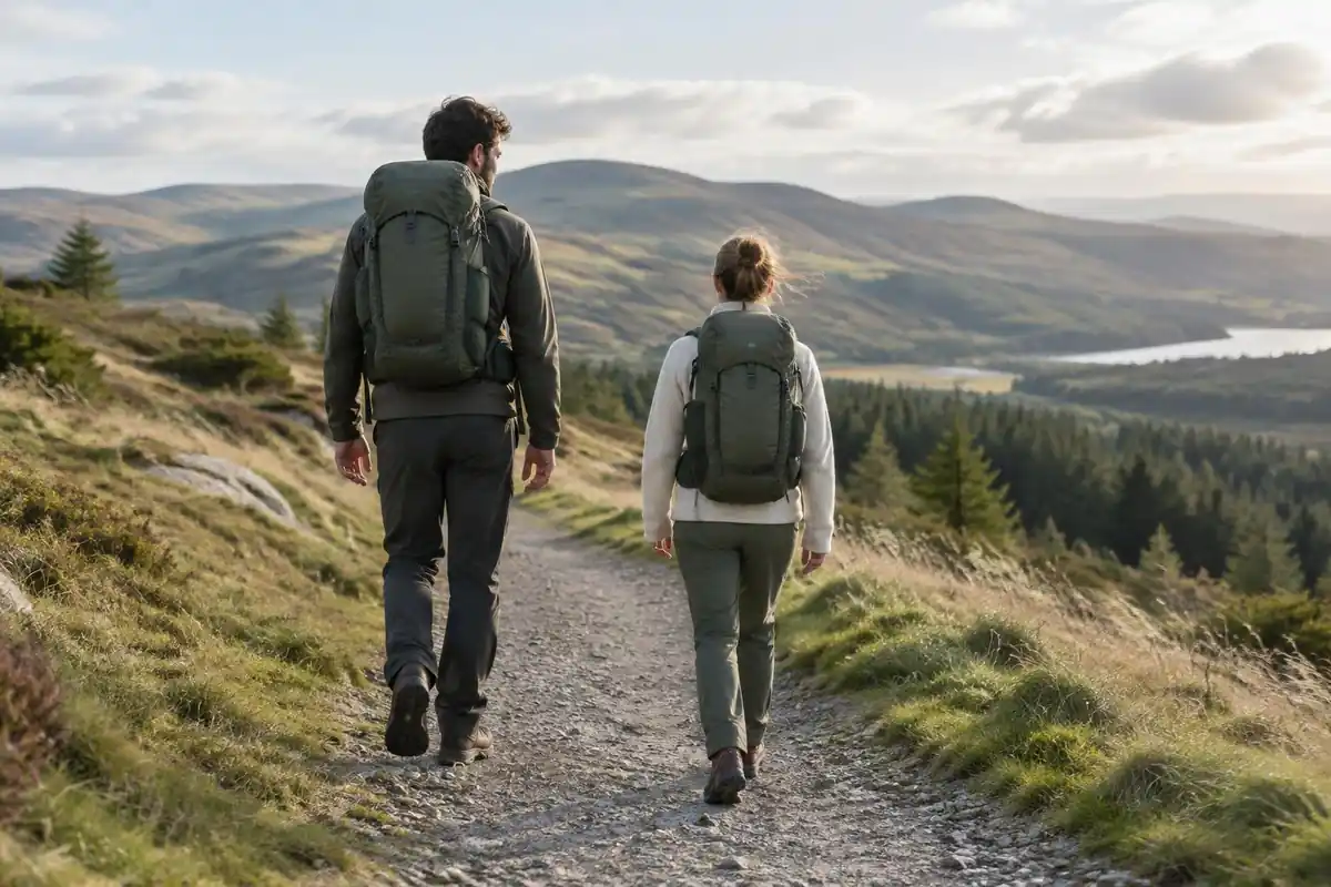 Tall and short hikers side by side wearing same-volume packs that sit differently