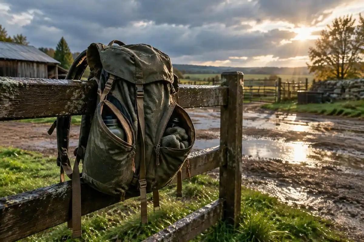 Pack hung on a fence in weak sun after a rainy trip