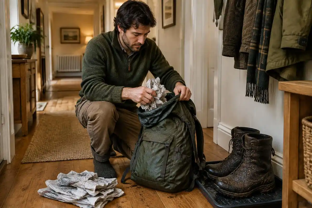 Man stuffing crumpled paper inside a wet pack in a hall