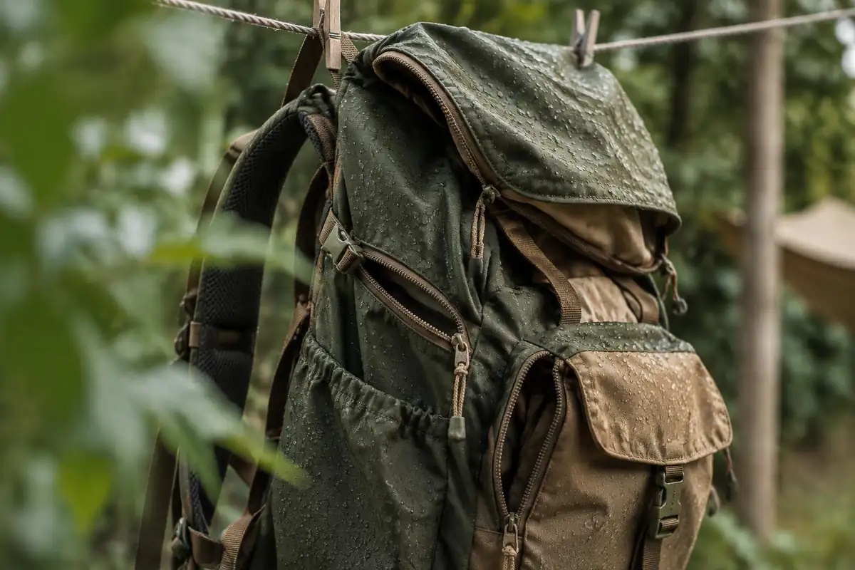 Open zippers and pocket flaps with water droplets