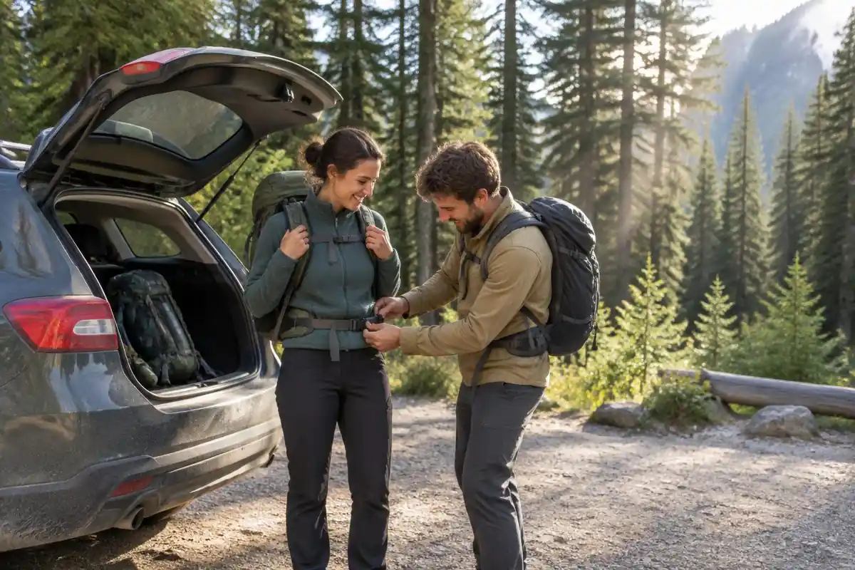 Two hikers checking fit beside a car at a forest pullout