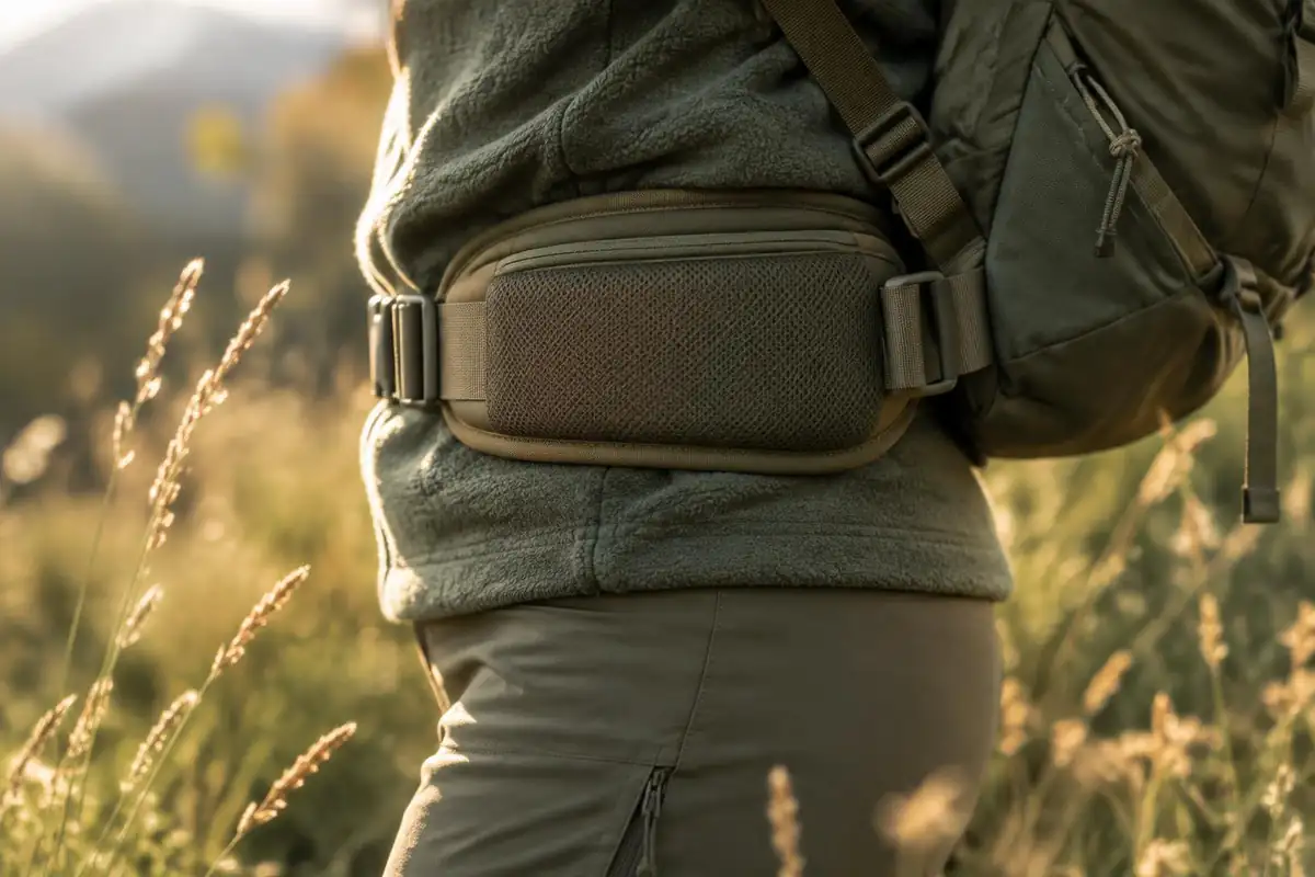 Padded belt centred on hip bones seen side-on