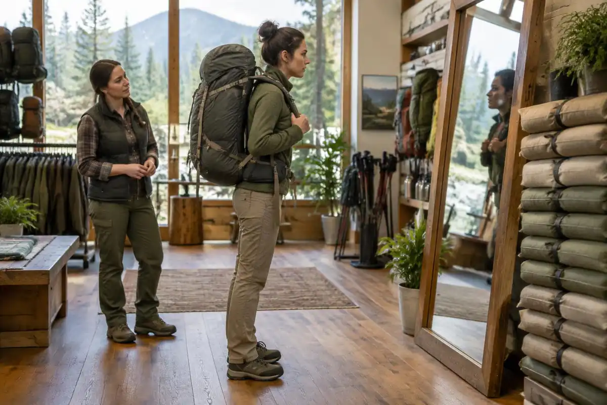 Hiker checking reflection in a mirror at an outdoor shop with a loaded pack