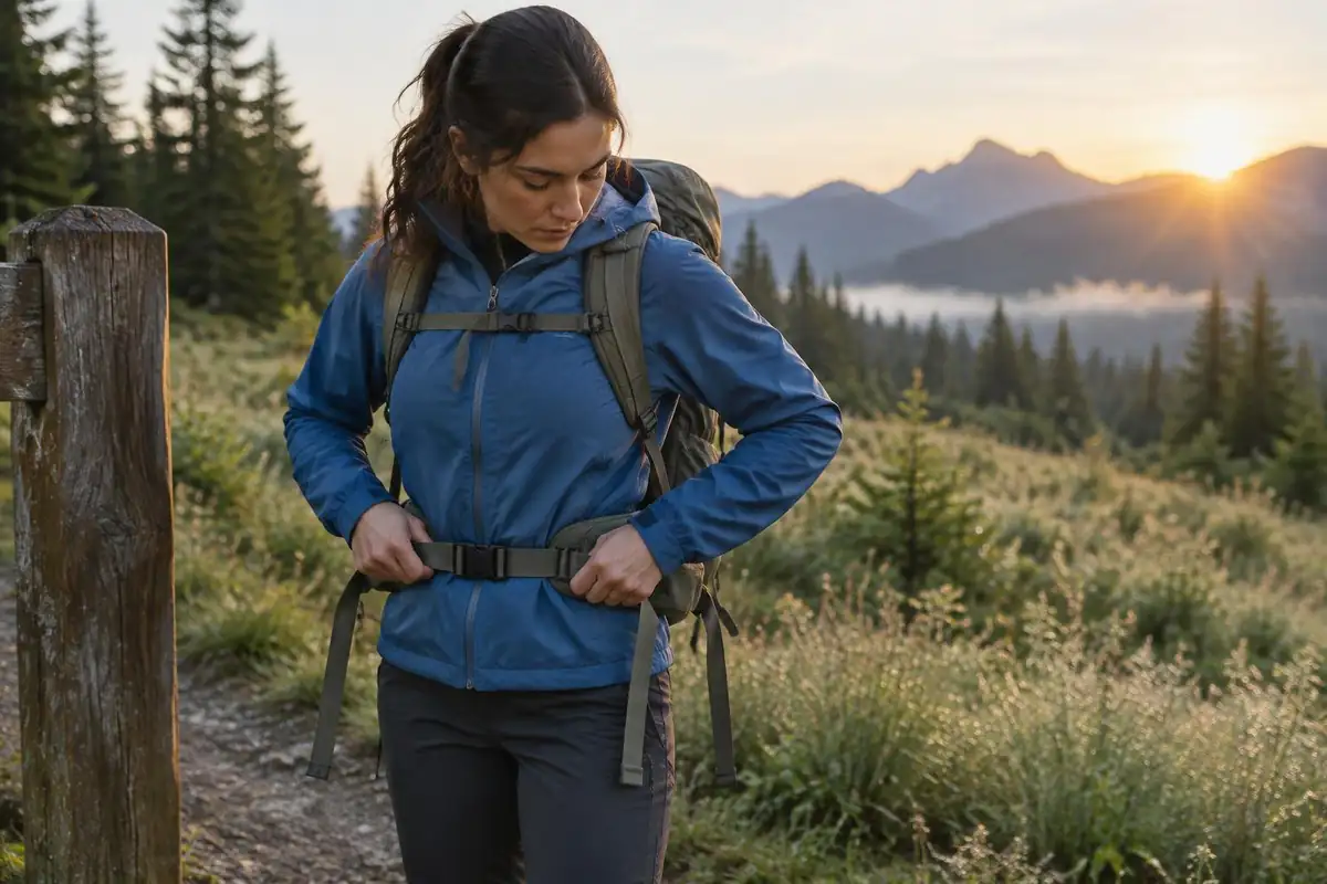 Woman thumbing hip belt then shoulder strap at a trailhead sign post
