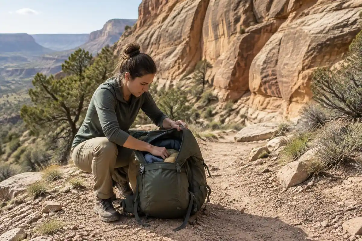 Hiker stopped on a dusty path holding an open pack with a safety pin