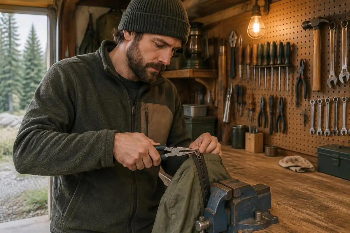 Man squeezing a zipper slider with pliers on a workbench