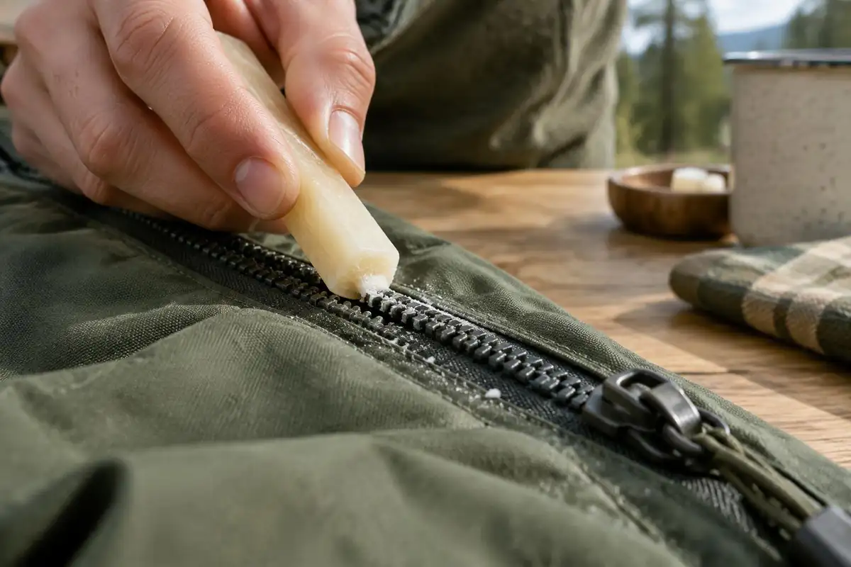 Fingertip rubbing a wax stick along the teeth of a pack zipper