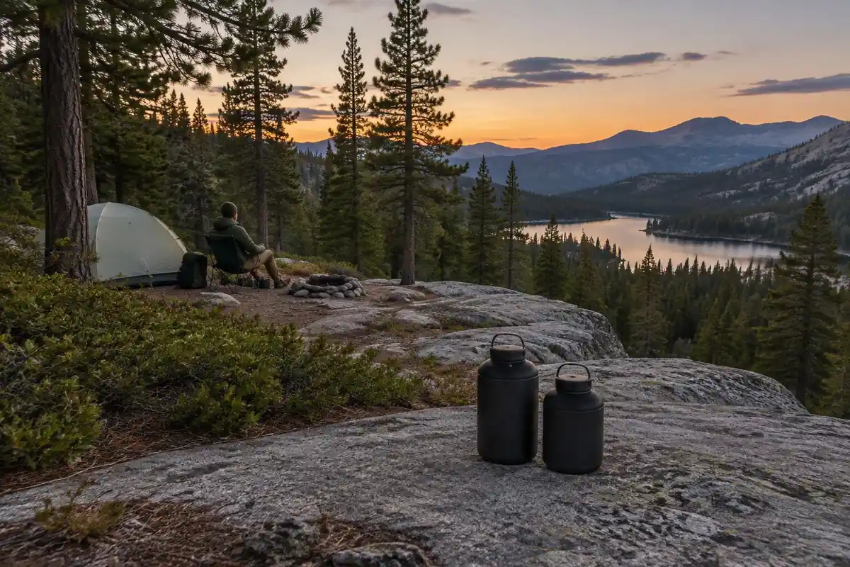 Pair of canisters resting on a flat rock shelf away from camp