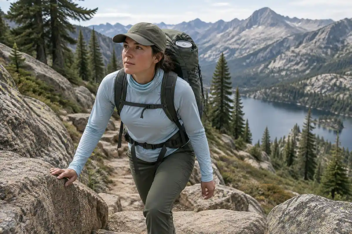 Hiker with canister riding inside pack climbing granite steps