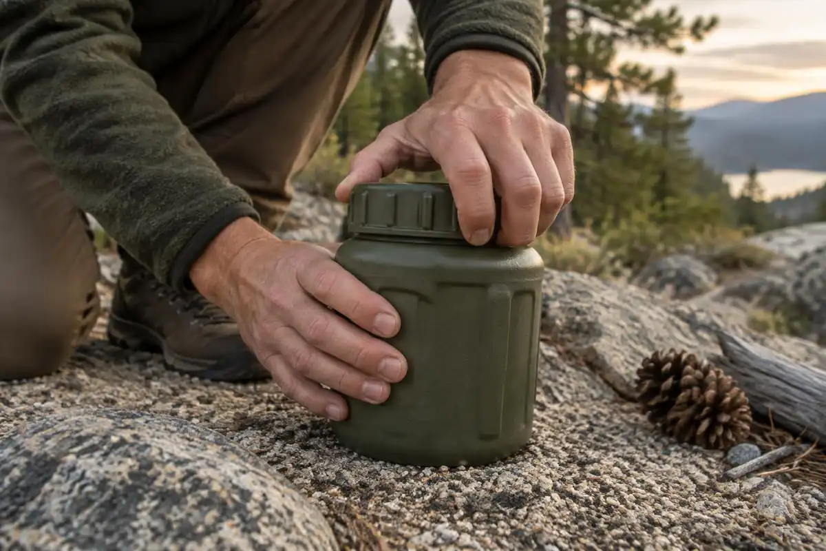 Hands twisting the lid of a canister closed