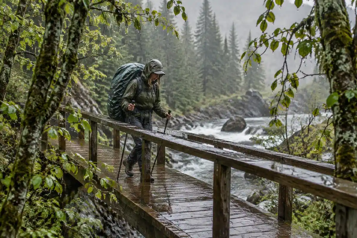 Hiker in a downpour crossing a wooden bridge with cover on pack