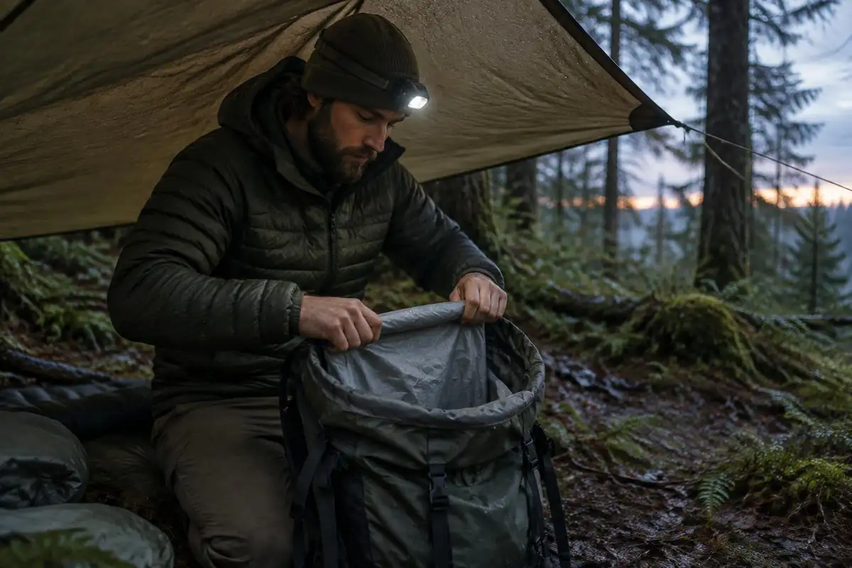 Man rolling down the top of a liner inside a pack at camp